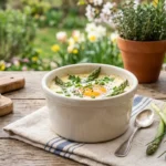 Œuf cocotte aux asperges vertes et fines herbes servi dans un ramequin blanc sur une table en bois rustique, ambiance printanière en extérieur avec jardin fleuri en arrière-plan.