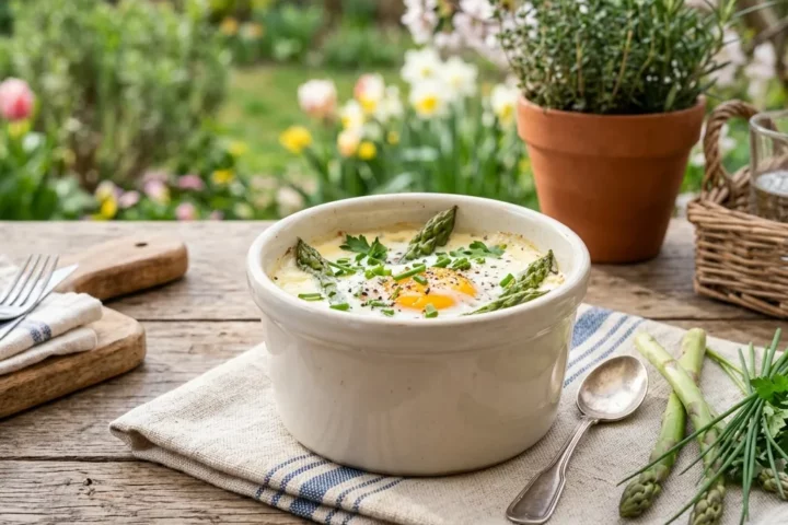Œuf cocotte aux asperges vertes et fines herbes servi dans un ramequin blanc sur une table en bois rustique, ambiance printanière en extérieur avec jardin fleuri en arrière-plan.