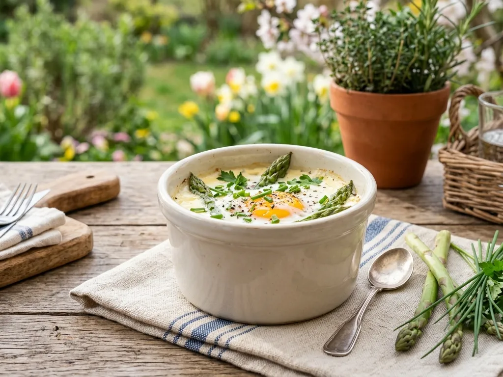 Œuf cocotte aux asperges vertes et fines herbes servi dans un ramequin blanc sur une table en bois rustique, ambiance printanière en extérieur avec jardin fleuri en arrière-plan.