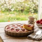 Gâteau au yaourt moelleux aux fraises de la Drôme saupoudré de sucre glace, servi sur une table en bois dans un jardin ensoleillé avec un pichet de limonade fraîche.