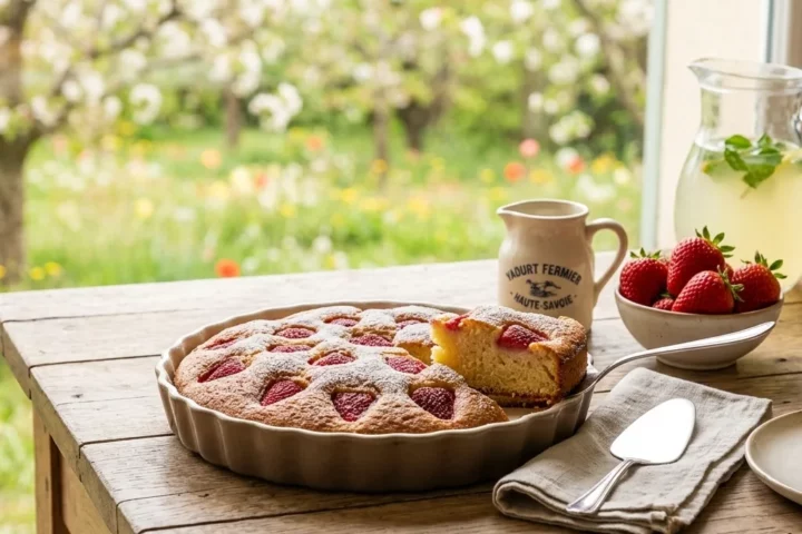 Gâteau au yaourt moelleux aux fraises de la Drôme saupoudré de sucre glace, servi sur une table en bois dans un jardin ensoleillé avec un pichet de limonade fraîche.