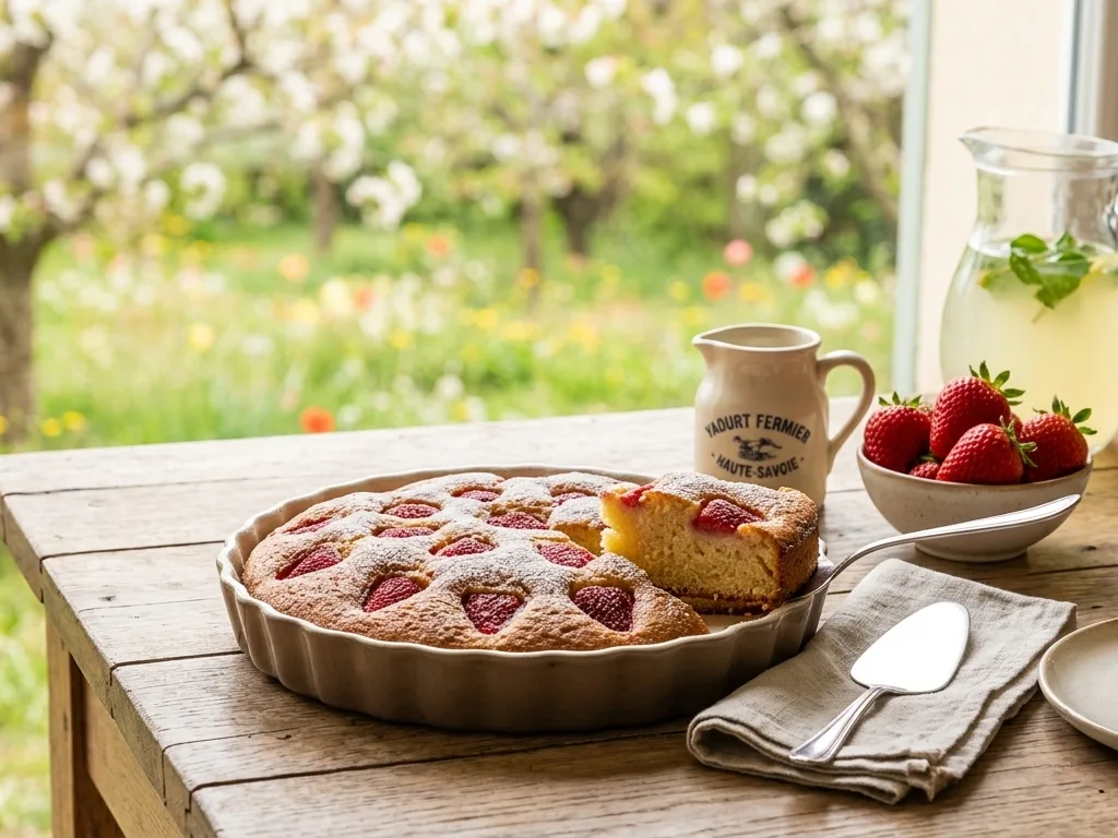 Gâteau au yaourt moelleux aux fraises de la Drôme saupoudré de sucre glace, servi sur une table en bois dans un jardin ensoleillé avec un pichet de limonade fraîche.