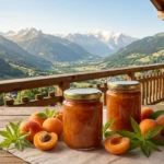 Deux pots de confiture d'abricot et verveine artisanale sans étiquette sur une table en bois de chalet, avec des abricots frais et de la verveine, face à la chaîne du Mont-Blanc en Haute-Savoie.
