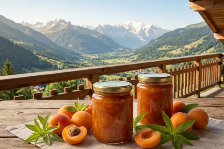 Deux pots de confiture d'abricot et verveine artisanale sans étiquette sur une table en bois de chalet, avec des abricots frais et de la verveine, face à la chaîne du Mont-Blanc en Haute-Savoie.