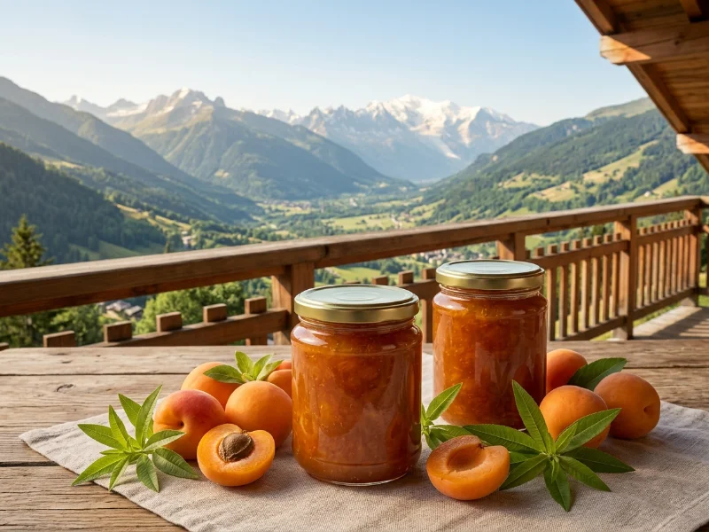 Deux pots de confiture d'abricot et verveine artisanale sans étiquette sur une table en bois de chalet, avec des abricots frais et de la verveine, face à la chaîne du Mont-Blanc en Haute-Savoie.